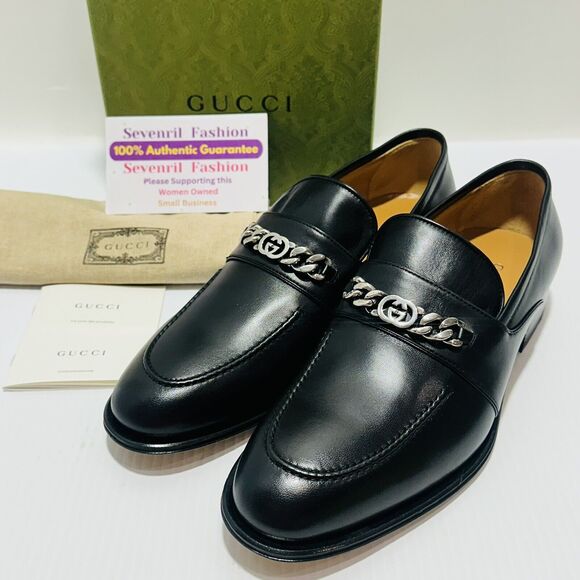Gucci Chain Interlocking GG 11/ 11.5 US Loafer Black Italian Leather Shoe NIB - Picture 1 of 13